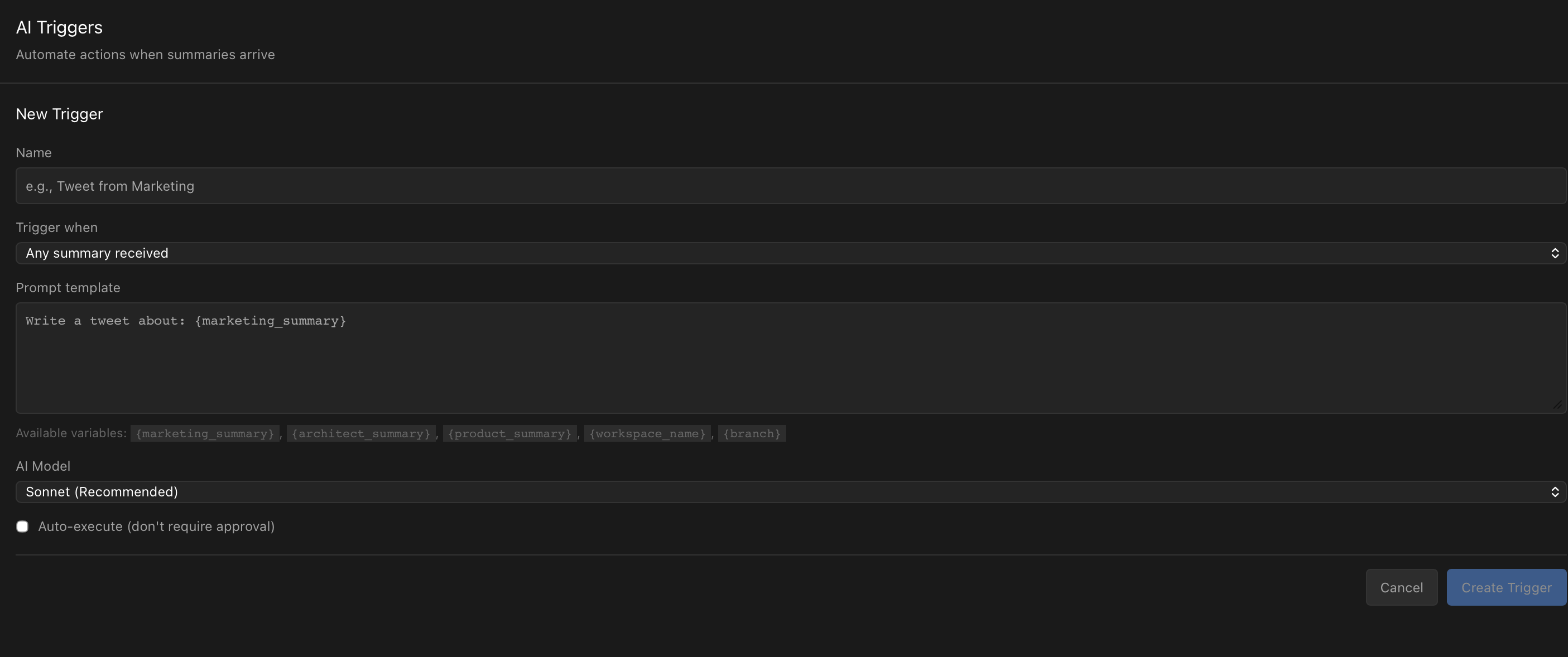AI Triggers creation dialog showing trigger name, event type, prompt template with variables, AI model selection, and auto-execute option