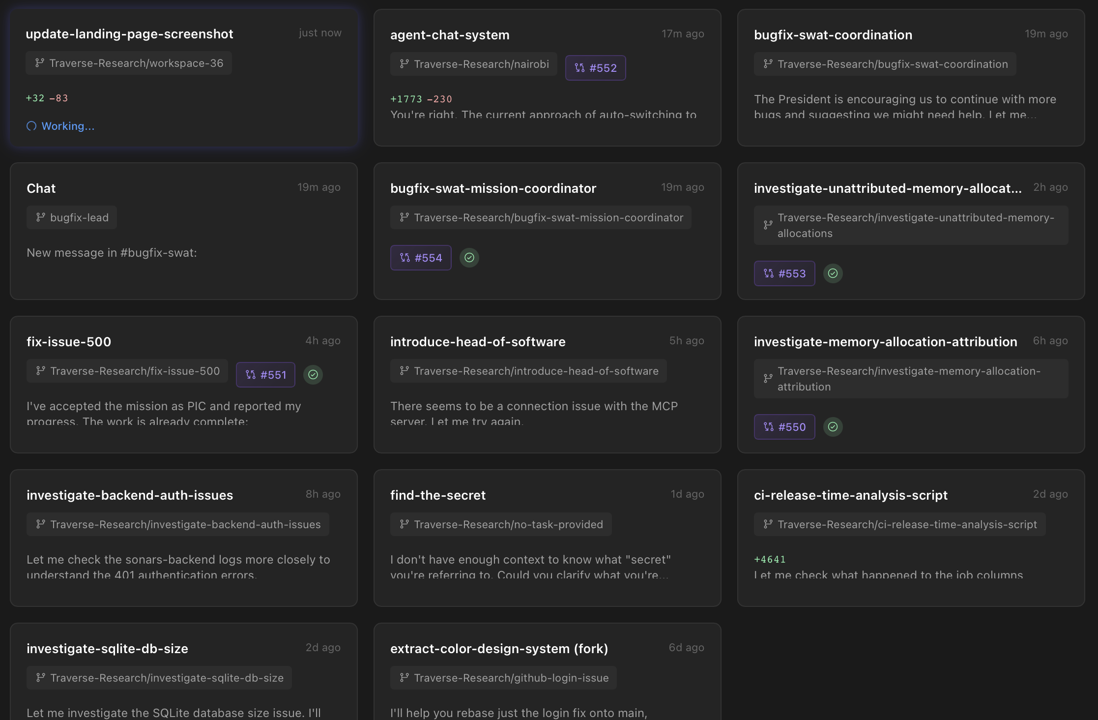 Conversation Grid View showing all workspace cards with titles, branches, PR status, and activity timestamps