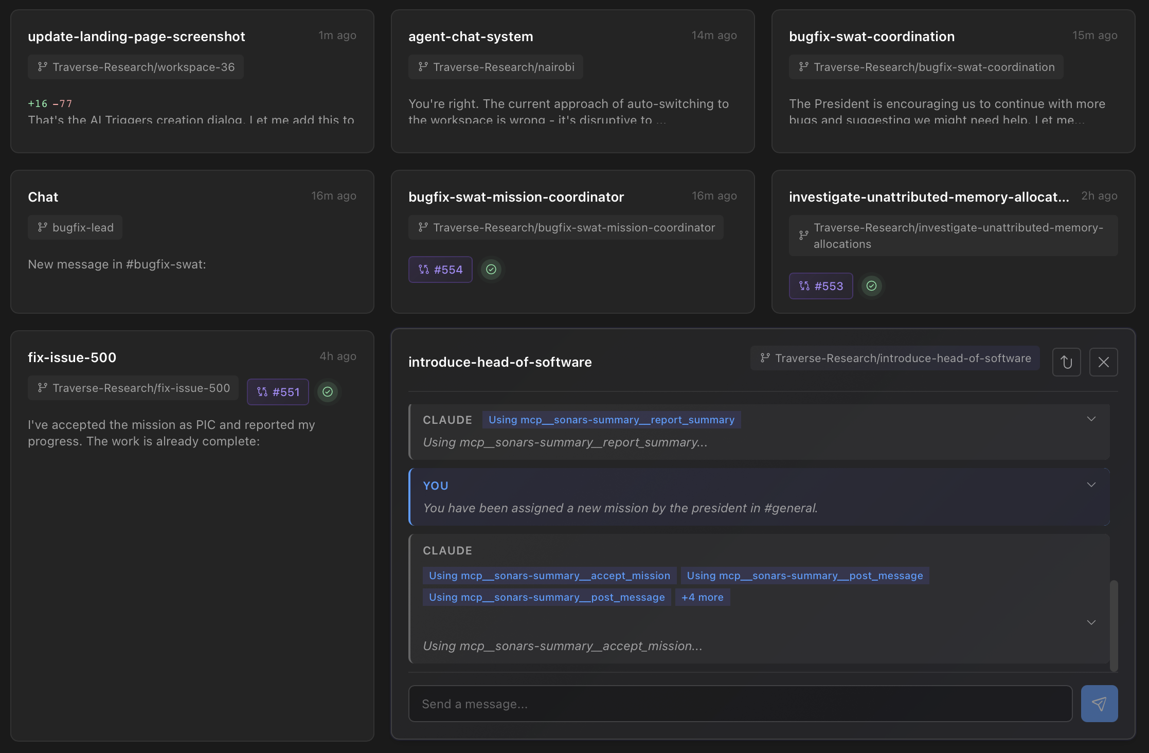 Conversation Grid View showing multiple workspace cards with branch info, PR status, and an expanded card with inline messaging