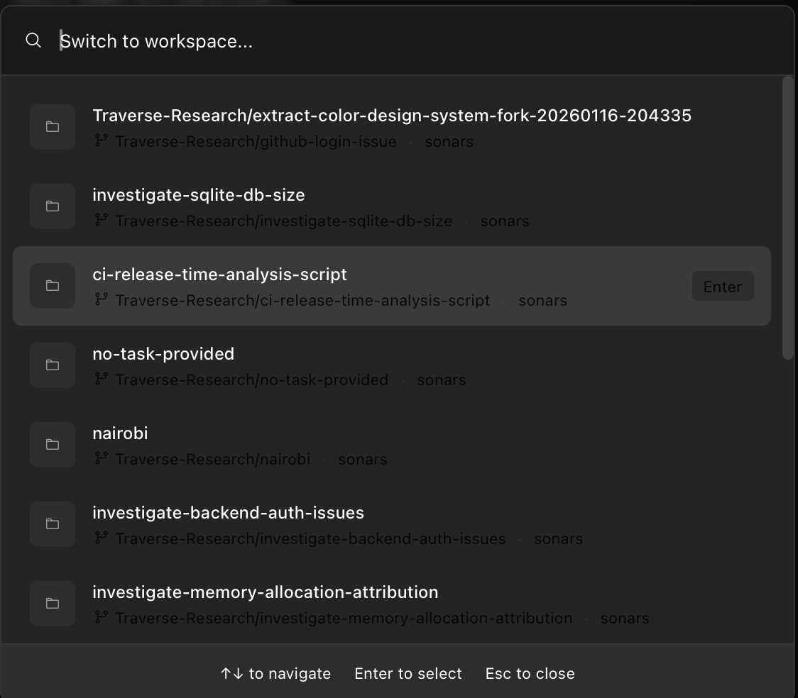 Workspace switcher command palette showing list of workspaces with fuzzy search and keyboard navigation